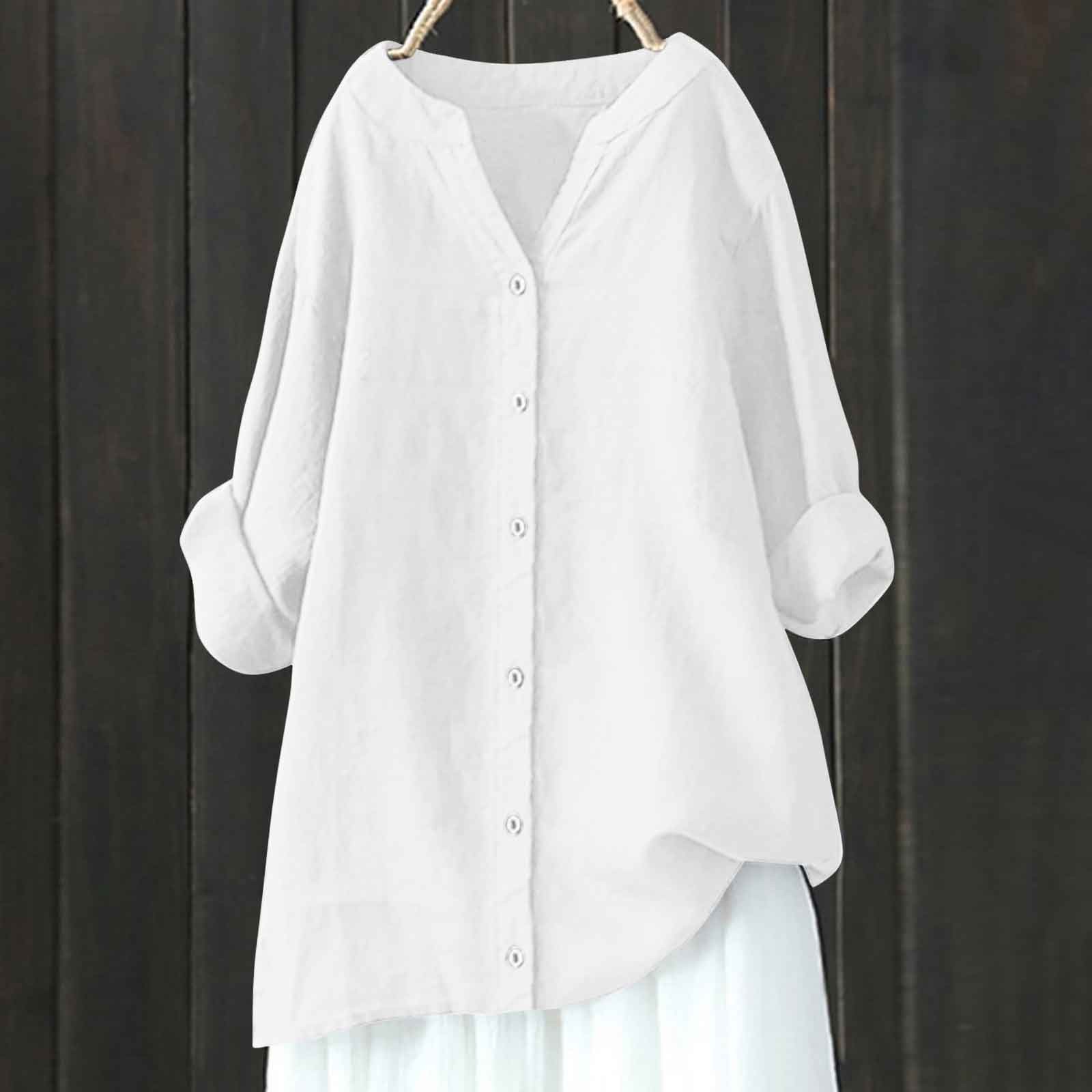 thumbnail image 2 of Blusa holgada con botones para mujer - Camisa informal de manga larga y color liso - Cuello en V, elegante, ideal para el trabajo diario y los viajes - Para todas las estaciones, tallas S-XXXXXL, 2 of 4
